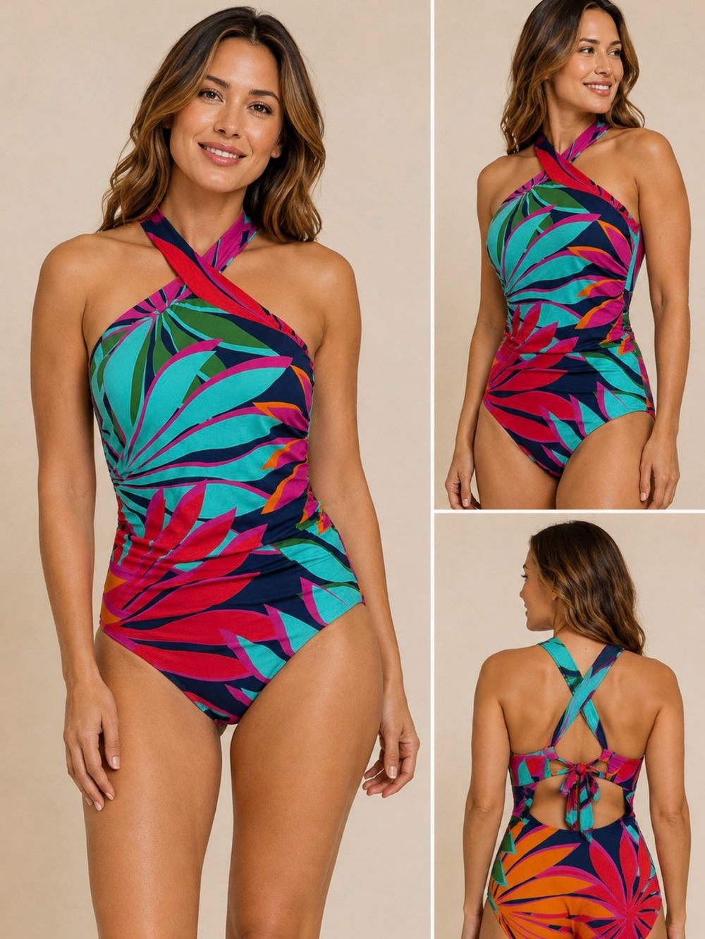 Trina Turk Multicolor Tropical Cross-Neck One-Piece reversible  Swimsuit